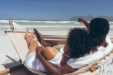 a couple at the beach looking at the sea